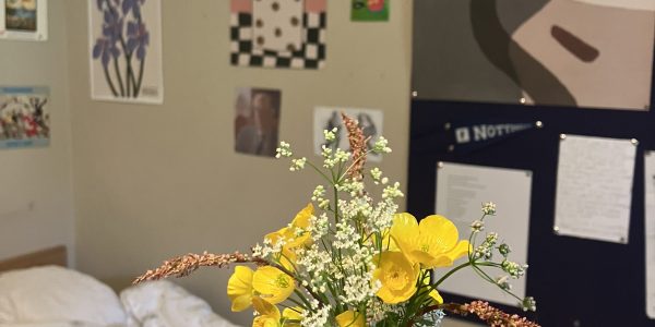 a hand holding out a tiny vase filled with water and bright weeds. the flowers are arranged neatly and in the style of a florist's bouquet. behind the flowers is a bed in a student room, with a white duvet cover with daisies printed on it. the wall behind is covered in posters, some of which are of flowers. the wall is an ugly green-brown colour and the posters help to brighten it up a little. the posters are also arranged very randomly and are therefore interesting to look at.