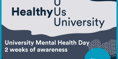 An image advertising UoN's University Mental Health Day. It says 'Healthy U', then after the U, there is one 's' making it read Healthy Us, above this line there is just a 'U', spelling 'HealthyU', and underneath, there is the word 'University', spelling 'HealthyUniversity'. It says the mental health day also involves '2 weeks of awareness, from Monday 4th March to 15th March.' It also says the theme is 'sleep.'