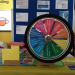 A colourful prize wheel made from a bike tire