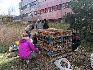 A group of people building a bug hotel