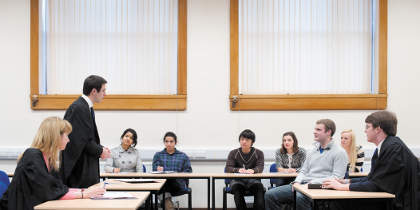 Undergraduate law students participating in a mock trial
