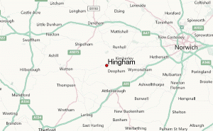 Map showing the location of Hingham, Norfolk.