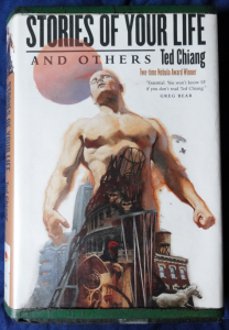The cover of Ted Chiang's Stories of Your Life and Others. It shows a surreal image: agiant man emerging out of buildings.