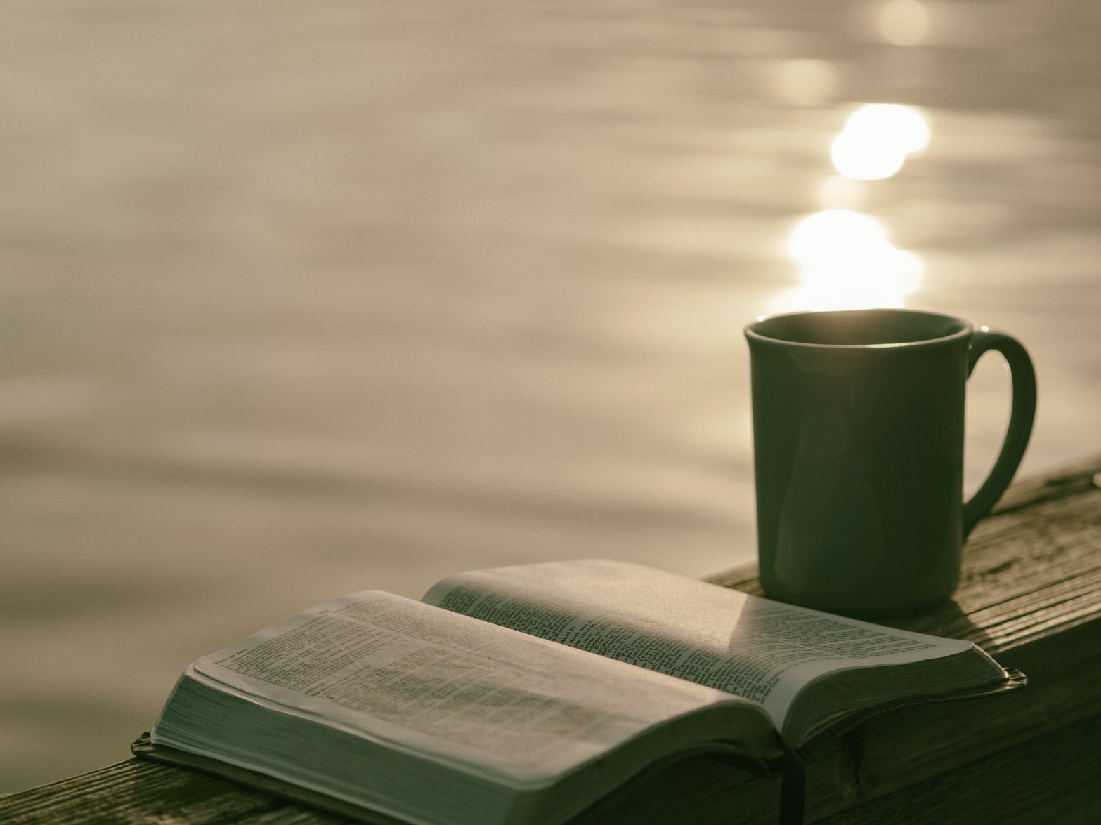 A cup and an open book sit on a flat outside surface.