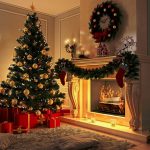 A festive scene with a Christmas Tree, lit fireplace, presents, candles, wreaths and bows